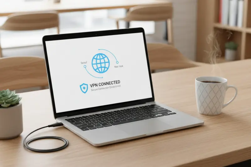 노트북 화면의 VPN 연결 아이콘과 옆 스마트폰 화면의 우회 결제 막힘 오류 메시지가 대조되는 모습.