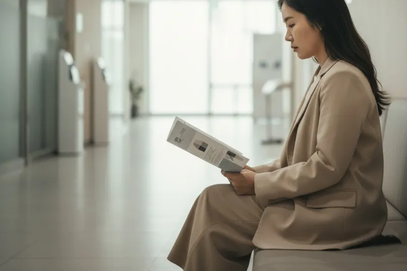 40대 무료 암검진 항목이 포함된 건강검진 안내 자료를 꼼꼼히 확인하는 모습.