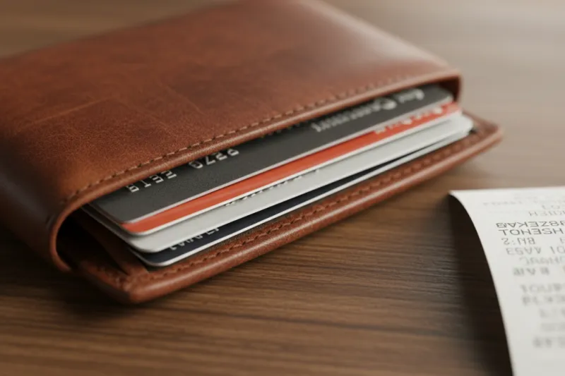 신용카드와 체크카드를 비교하며 소비 전략을 짜는 지갑과 영수증