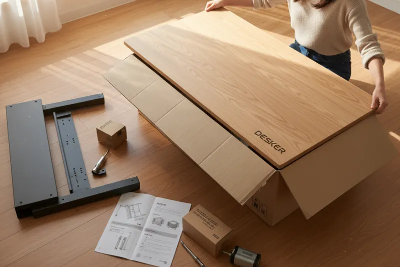 데스커 모션데스크 조립 전 준비 장면, 상판과 공구 세팅, standing desk 설치 시작