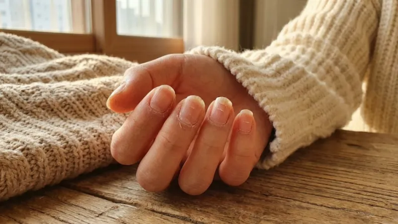 손톱 건조 - 겨울철 건조로 갈라지고 찢어진 손톱과 큐티클 클로즈업