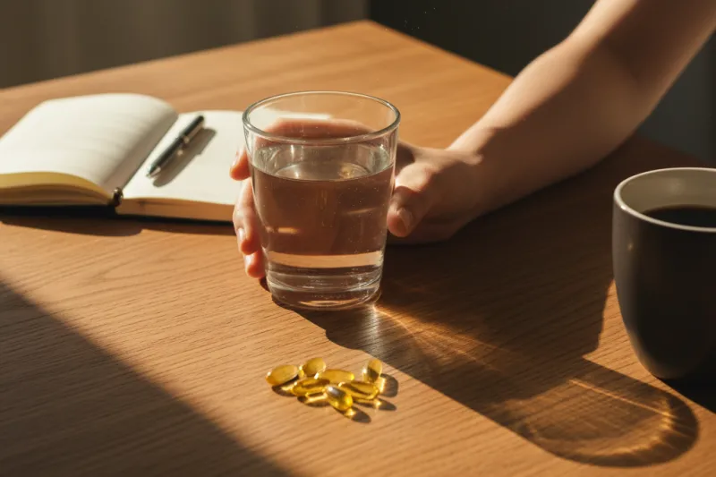 비타민D 5000IU 캡슐과 물, 커피잔을 배치하여 복용의 일상과 신중함을 표현한 장면