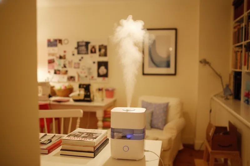 난방비 절약 가습기가 작동하며 따뜻한 실내 습도를 유지하는 모습