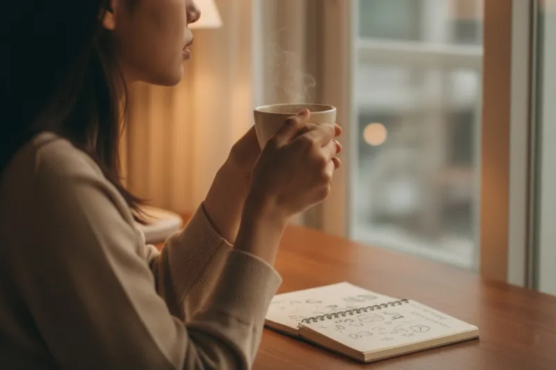 20대 정신건강검진의 중요성을 생각하며 조용한 공간에서 마음을 들여다보는 모습.