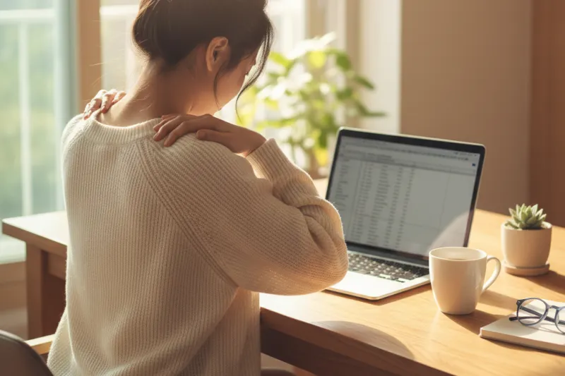 거북목으로 어깨를 주무르는 여성의 뒷모습, 재택근무 공간, 높이조절 책상 필요성