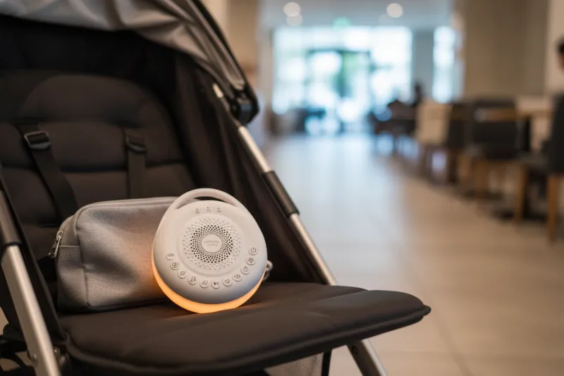 외출 시 백색소음기 휴대 사용 장면