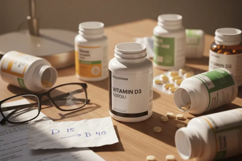 비타민D 5000IU 제품과 혈중 수치 개선 목표를 메모한 쪽지가 있는 현실적인 책상