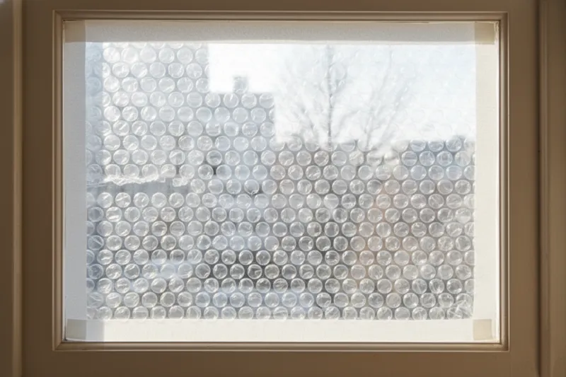 원룸 창문에 단열 뽁뽁이를 직접 부착하여 외풍을 차단하는 모습