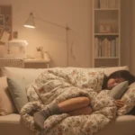 겨울철 실내에서 햇빛 없이 만성피로를 느끼는 나른한 분위기의 거실 풍경