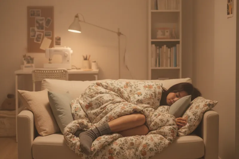 겨울철 실내에서 햇빛 없이 만성피로를 느끼는 나른한 분위기의 거실 풍경