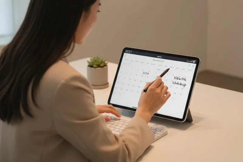 건강검진 연말 예약을 놓치지 않기 위해 캘린더에 일정을 체크하는 스마트한 손의 모습.