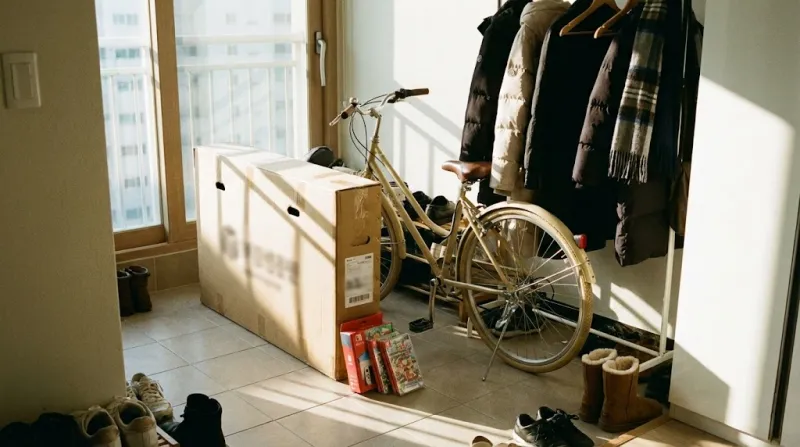 현관 앞에 배송된 자전거 박스와 닌텐도 게임 팩