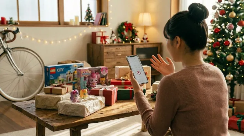 크리스마스 선물 상자와 12월 달력을 보며 고민하는 손