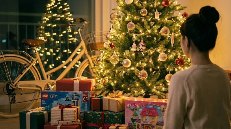 크리스마스 트리 아래 쌓인 선물 상자들과 따뜻한 전구 불빛