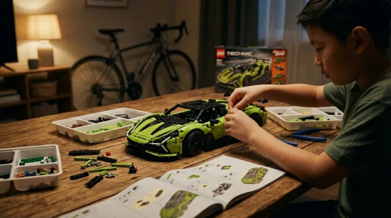 레고 테크닉 자동차를 조립하는 아이의 손과 부품들