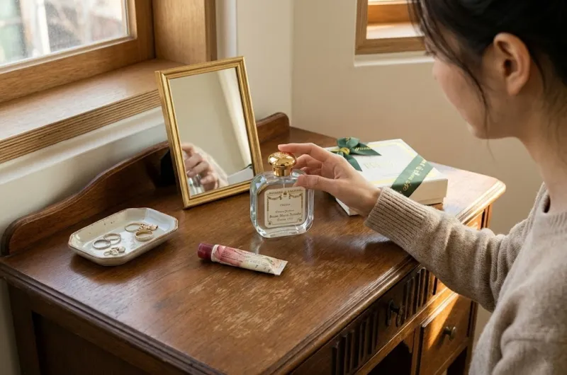 화장대 위 산타마리아노벨라 프리지아 향수병 인테리어