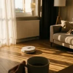 봄맞이 대청소 햇살이 비치는 거실과 로봇청소기