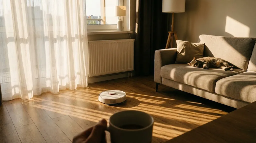 봄맞이 대청소 햇살이 비치는 거실과 로봇청소기