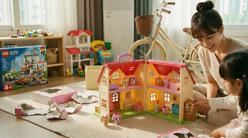 티니핑 하우스 장난감을 가지고 노는 아이의 손과 어지러운 방