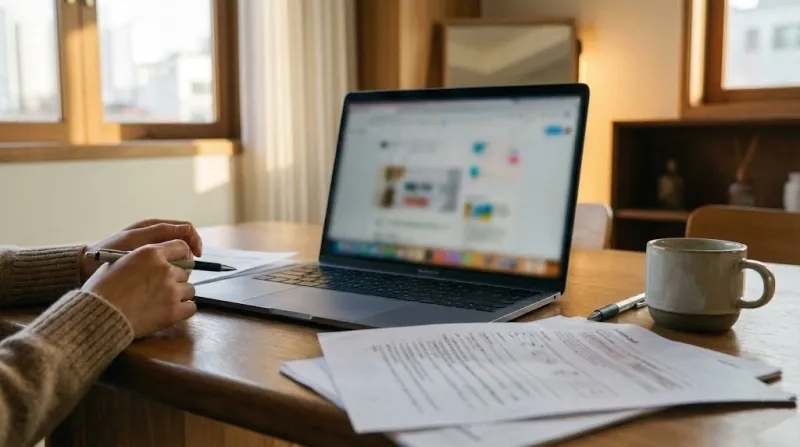 연말정산 준비 서류와 노트북이 놓인 실내 풍경