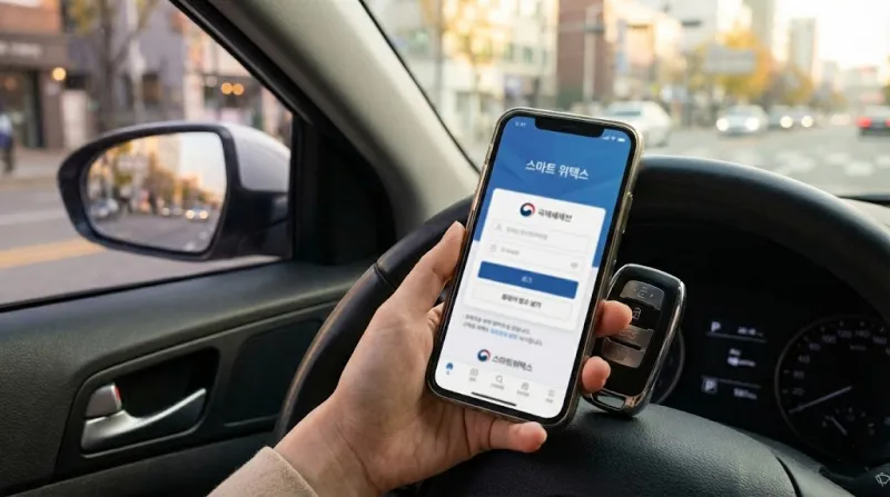 차 안에서 스마트폰으로 자동차세 납부 완료 화면을 확인하는 손