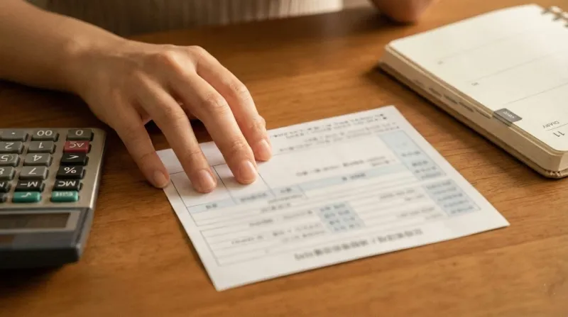 자동차세 고지서와 계산기를 짚고 있는 손