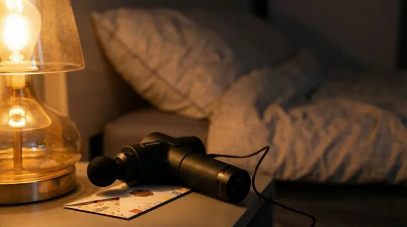 침대 협탁 위에서 충전 중인 마사지건과 용돈 봉투