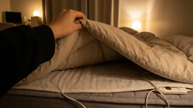 두꺼운 겨울 이불 아래 전기장판 확인