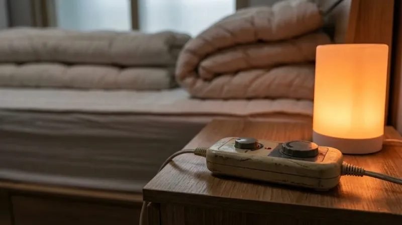 침대 협탁 위 전기장판 조절기와 무드등