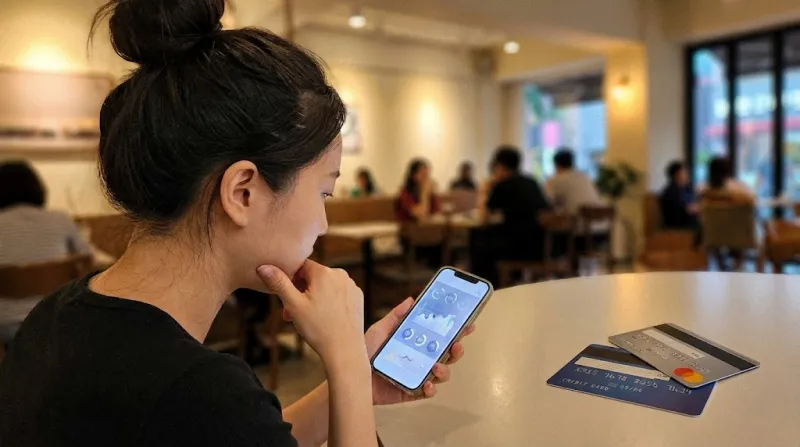 카페에서 신용카드 혜택을 비교하며 스마트폰을 보는 모습