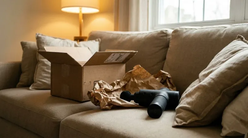 무거운 구형 마사지건이 소파 위에 방치된 모습