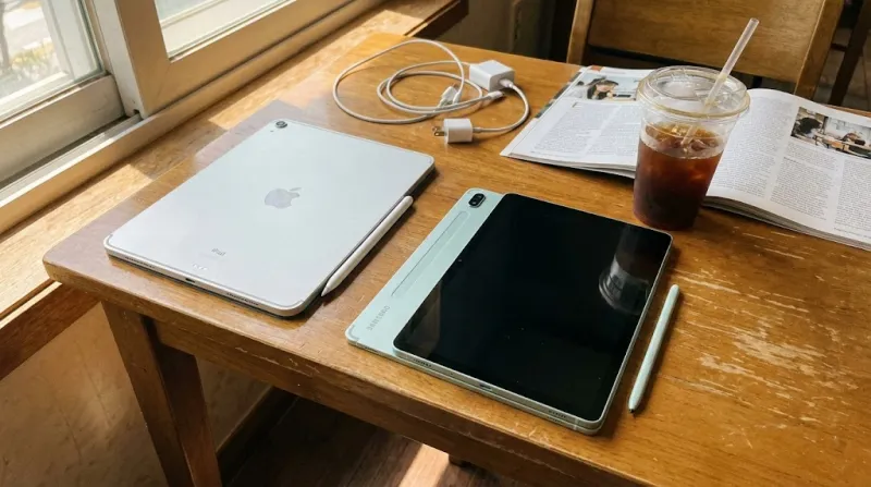 아이패드 10세대와 갤럭시탭 S9 FE 실물 비교 사진