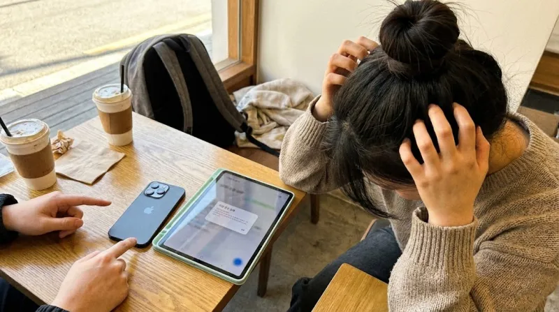 아이폰과 갤럭시탭 S9 FE 연동 실패 장면