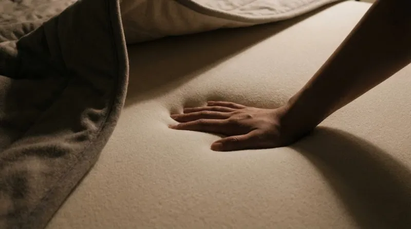 라텍스 매트리스를 눌러보는 손과 전기요