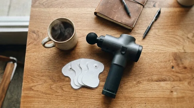 테이블 위에 놓인 미니 마사지건과 저주파 마사지 패드 비교