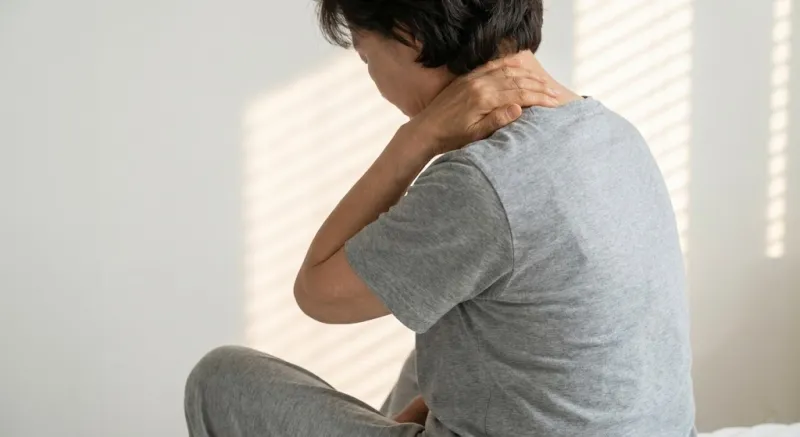 설날 부모님 선물 - 목과 어깨 통증을 느끼며 손으로 주무르는 어머니의 뒷모습