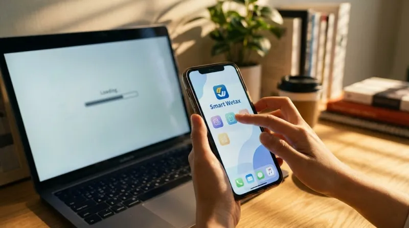 노트북 옆에서 스마트 위택스 앱을 실행하는 스마트폰 화면 터치