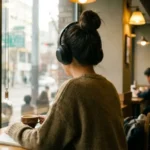 노이즈 캔슬링 헤드폰을 착용하고 카페에 앉아있는 뒷모습