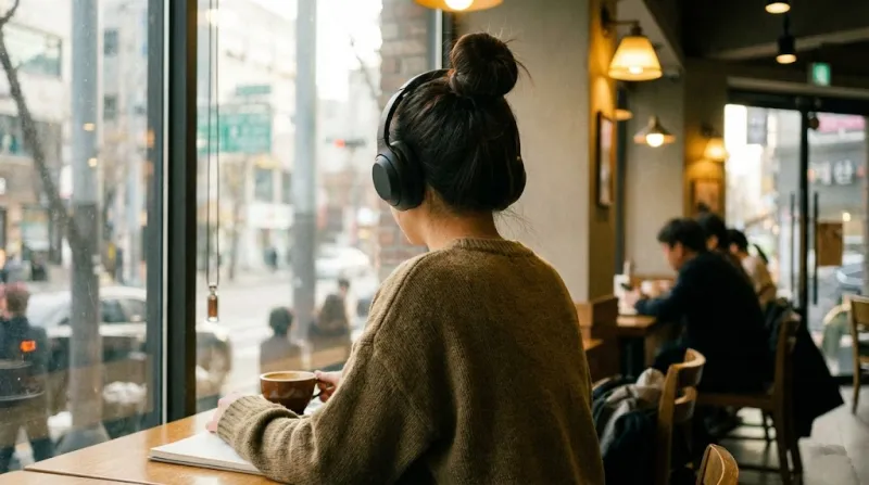 노이즈 캔슬링 헤드폰을 착용하고 카페에 앉아있는 뒷모습