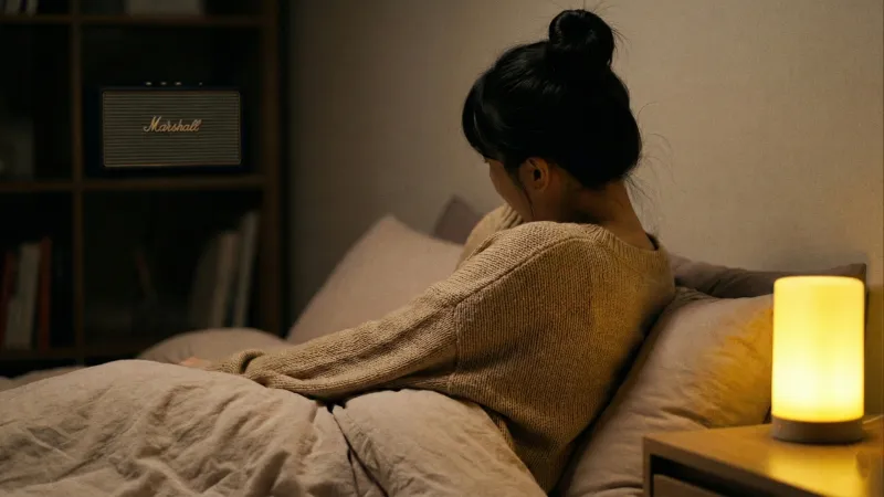 자취방에서 음악을 들으며 휴식하는 20대 여성 뒷모습