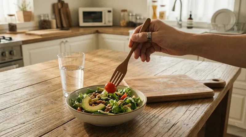 혈당 관리 기능을 암시하는 스마트 링 착용 후 건강한 식단을 즐기는 모습
