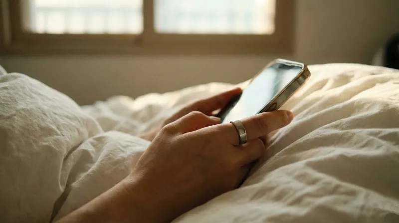 갤럭시 링을 착용하고 침대에서 스마트폰으로 수면 점수를 확인하는 아침 일상