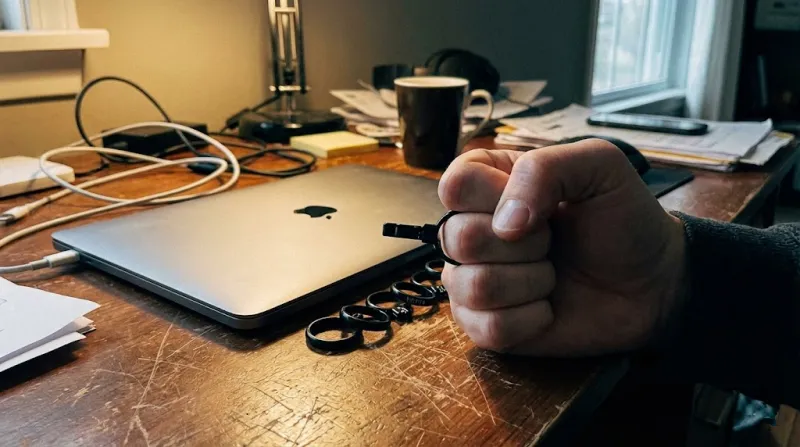 사전예약을 위해 집 책상에서 링 사이즈 키트를 직접 착용해보는 모습