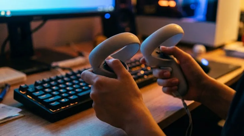 갤럭시 XR 전용 컨트롤러를 쥐고 게임을 준비하는 손 모습