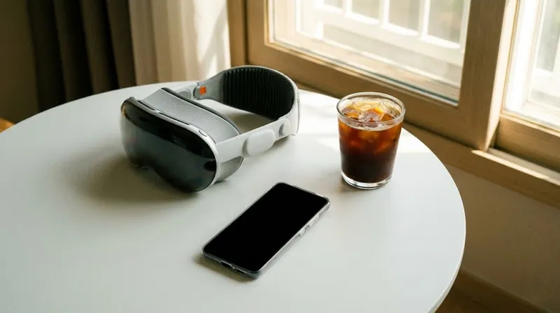 갤럭시 XR 헤드셋과 스마트폰이 놓인 감성적인 책상 모습