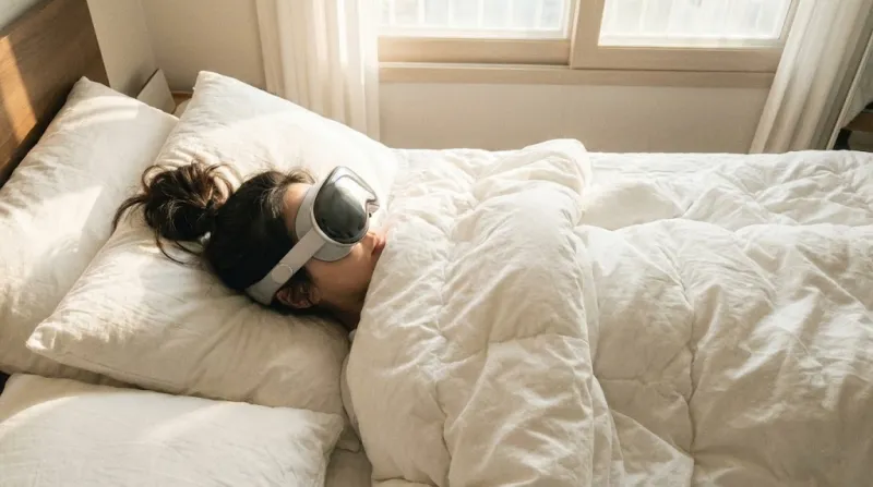 침대에 누워 갤럭시 XR로 영화를 감상하는 편안한 자세