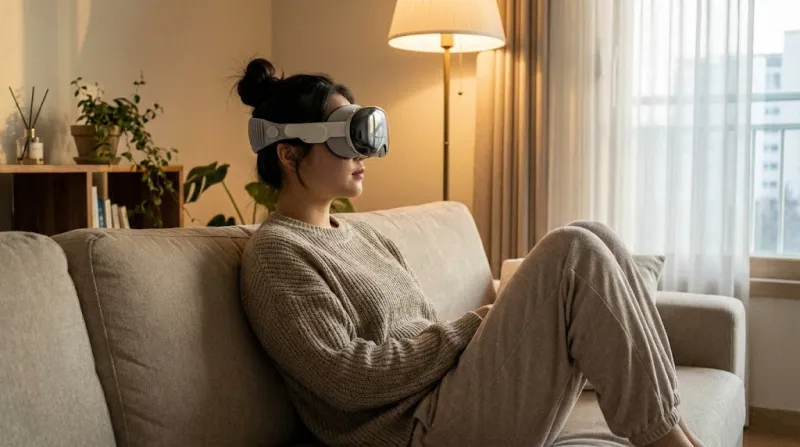 가벼운 갤럭시 XR을 착용하고 소파에 앉아 있는 여성의 옆모습