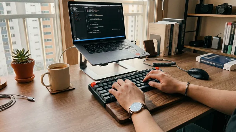 저소음 기계식 키보드 추천 - 키크론 K8 원목 팜레스트 데스크테리어 세팅