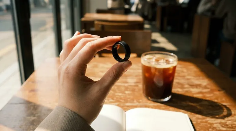 카페에서 갤럭시 링의 두께와 디자인을 꼼꼼히 확인하는 모습