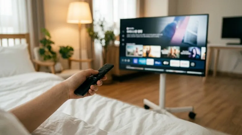 침대 발치 이동식 스탠드 거치대에 놓인 스마트 모니터를 리모컨으로 조작하는 모습